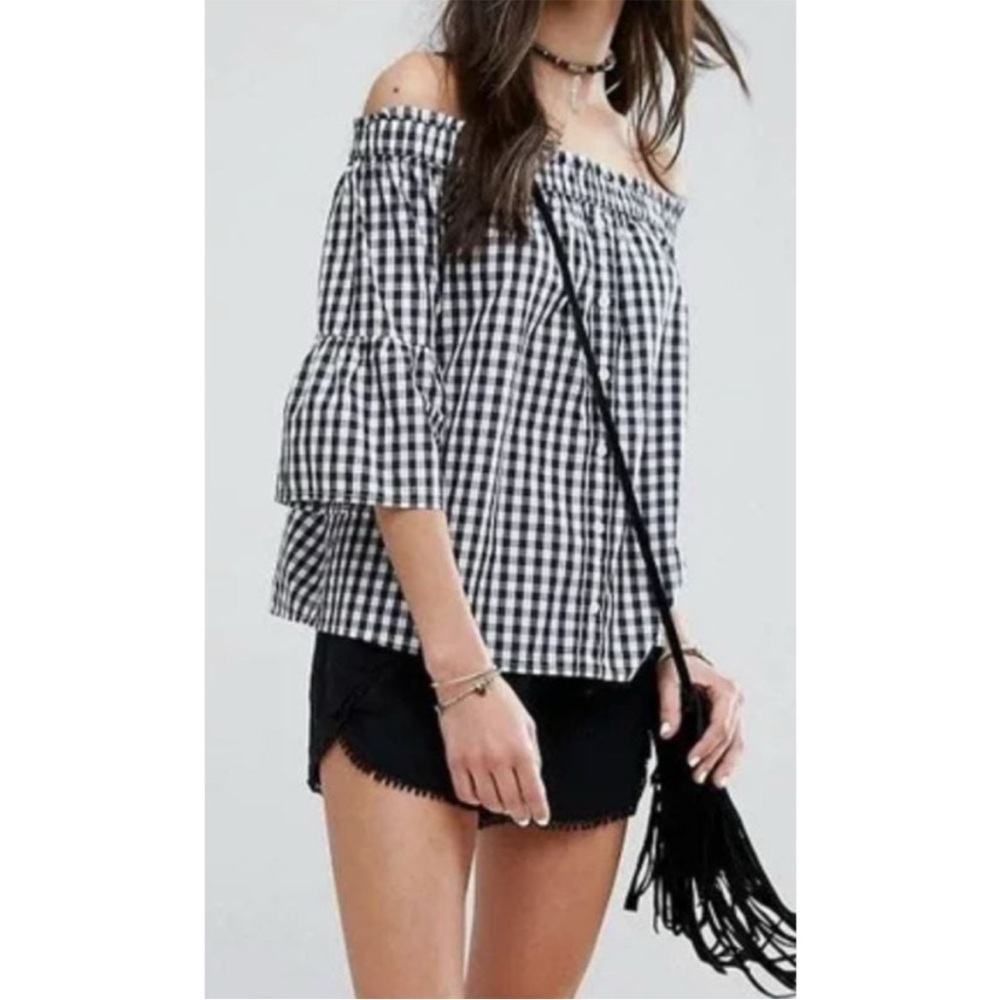 Abercrombie & Fitch Off Shoulder Gingham Plaid Bell Sleeve Button Up Blouse S